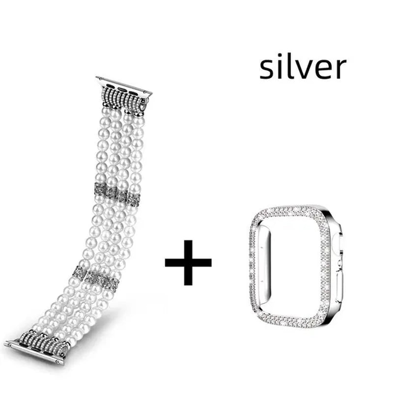 Diamond Case + Pearl Strap for Apple Watch Strap 49Mm 40Mm 44Mm 41Mm 45Mm 38Mm 42Mm 40Mm Iwatch Series 9 Ultra 8 7 6 5 4 3 2 1 SE