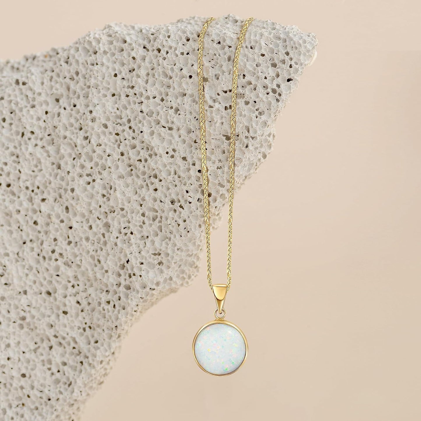 14K Gold White Opal Necklace - 14K Solid Yellow Gold Dainty Necklace with October Birthstone Pendant, 12Mm Large Size Opal Gemstone - Handmade Bridal Wedding Jewelry for Brides & Classy Women