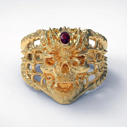 Retro Personality Two-tone Stainless Steel Spider Skull Ring Ruby Inlay Men's Punk Jewelry