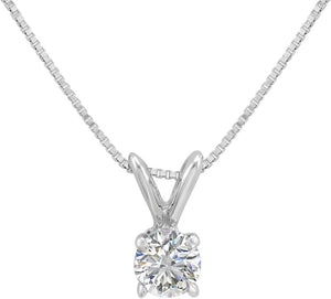 AGS Certified 1/3Ct REAL Diamond Solitaire Pendant Necklace for Women in 14K White Gold on an 18 In. Box Chain
