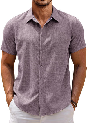 Mens Linen Shirt Short Sleeve Button down Shirts Casual Plaid Collar Summer Beach Shirts