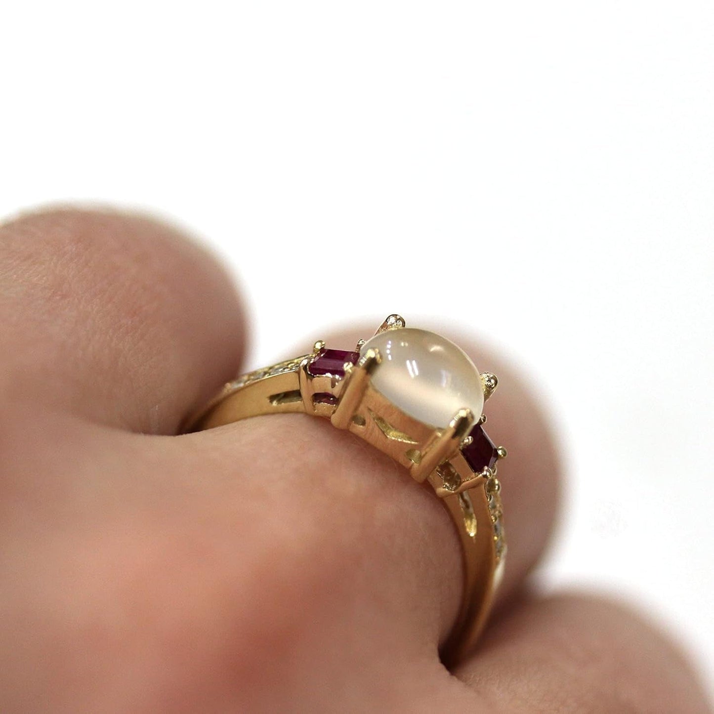 Solid 18K Yellow Gold 2.65 Ctw Natural Cabochon Moonstone, Red Ruby and Diamond 3 Stone Engagement Ring for Women 6 Mm - Handmade in USA - July Birthstone - Size 8.75 US