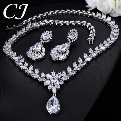 CANDICE Hand-Inlay Sparkling AAA+ CZ Stone Luxury Wedding Bridal Jewelry Set Classic Platinum Plated Water Drop Pendant Necklace Earrings for Women Party
