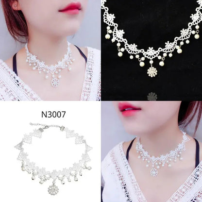 White Lace Necklace Chokers Black Collares Vintage Style Female Gothic Wedding Red Rose Crystal Diamond Pendant Collarbone Necklaces Chain Accessories for Women Girls - WORLD TIME VISITS