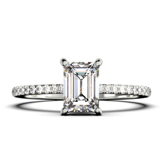 Art Deco 2.00 Carat Emerald Cut Diamond Moissanite Engagement Ring Set, Wedding Ring in 925 Sterling Silver with 18K White Gold Plating Feminine Gift, Promise Ring, Anniversary Gift