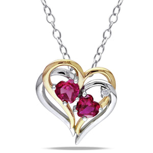Women'S 1 1/6 Carat T.G.W. Heart-Cut Created Ruby & Round-Cut Diamond Accent T.W.-Tone Silver Double Heart Pendant with Chain with Shared Prong Setting & Spring Ring Clasp (G-H-I, I3) - 18 In.