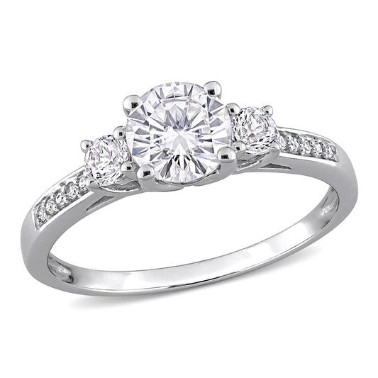 Women'S Engagement Anniversary Bridal 1 1/3 CT. round Created White Sapphire Round-Cut Diamond Accent (G-H, I2-I3) 10Kt White Gold 3-Stone Ring with 4 Prong/Pave Setting & Shoulder Diamonds