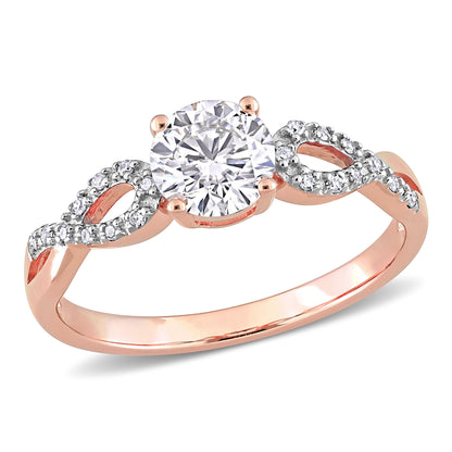 Women'S Engagement Anniversary Bridal 1 CT Round-Cut Created White Sapphire 1/10 CT Diamond 10Kt Rose Gold Solitaire Ring with Infinity Band with 4/Claw/Shared Prong Setting (G-H, I1-I2)