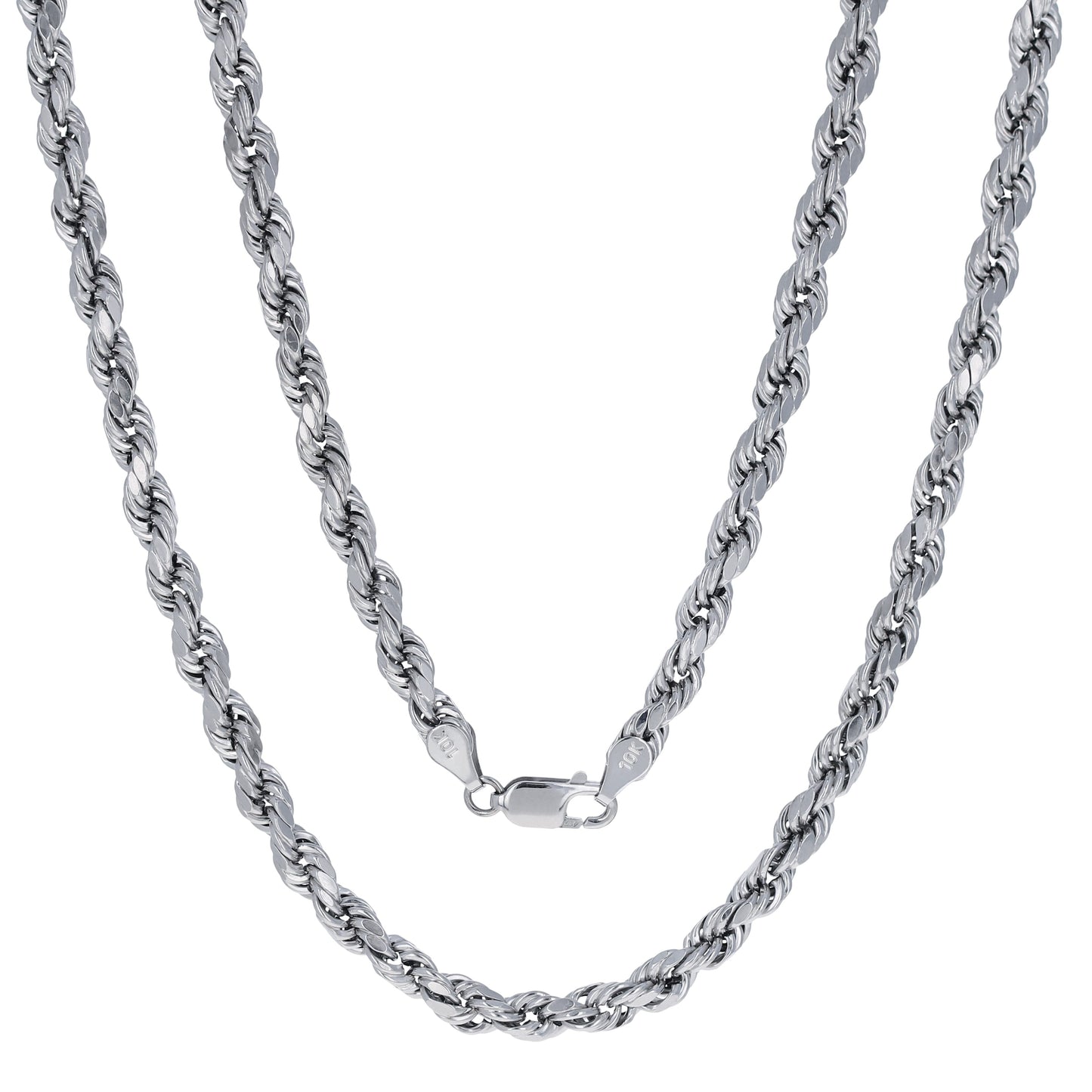 10K White Gold 5Mm Rope Chain Diamond Cut Pendant Necklace, Mens Jewelry 18" - 30"