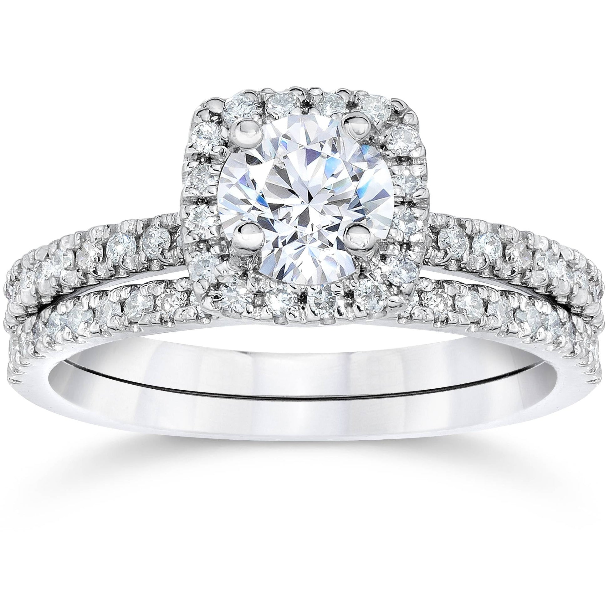 Pompeii 1 Cttw Cushion Halo Diamond Engagement Wedding Ring Set 10K White Gold (H/I,I1-I2)