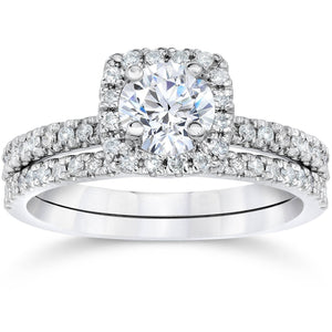 Pompeii 1 Cttw Cushion Halo Diamond Engagement Wedding Ring Set 10K White Gold (H/I,I1-I2)