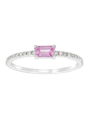 Women'S  Natural Emerald-Cut Pink Sapphire Ring with 1/10 Ct Diamonds in 14Kt Gold
