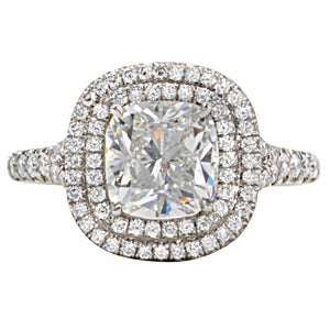 GIA Certified 2.01ct Cushion Cut Double Halo Platinum Diamond Ring