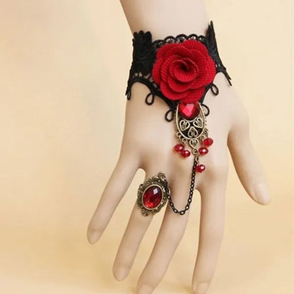 Jewelry Elegant Gothic Style Lace Red Rose Bracelet with Adjustable Finger Ring