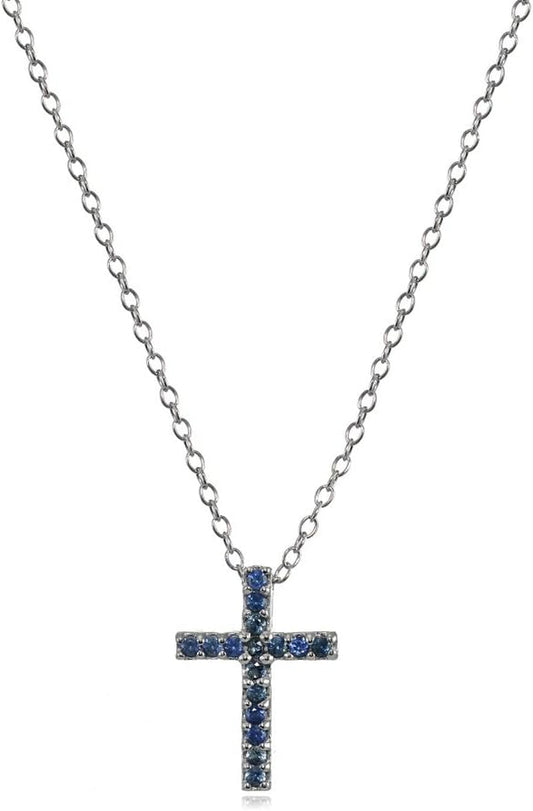 Cross Necklace for Women, Sterling Silver Genuine Blue Sapphire Gemstones Small Dainty Cross Pendant Neckace