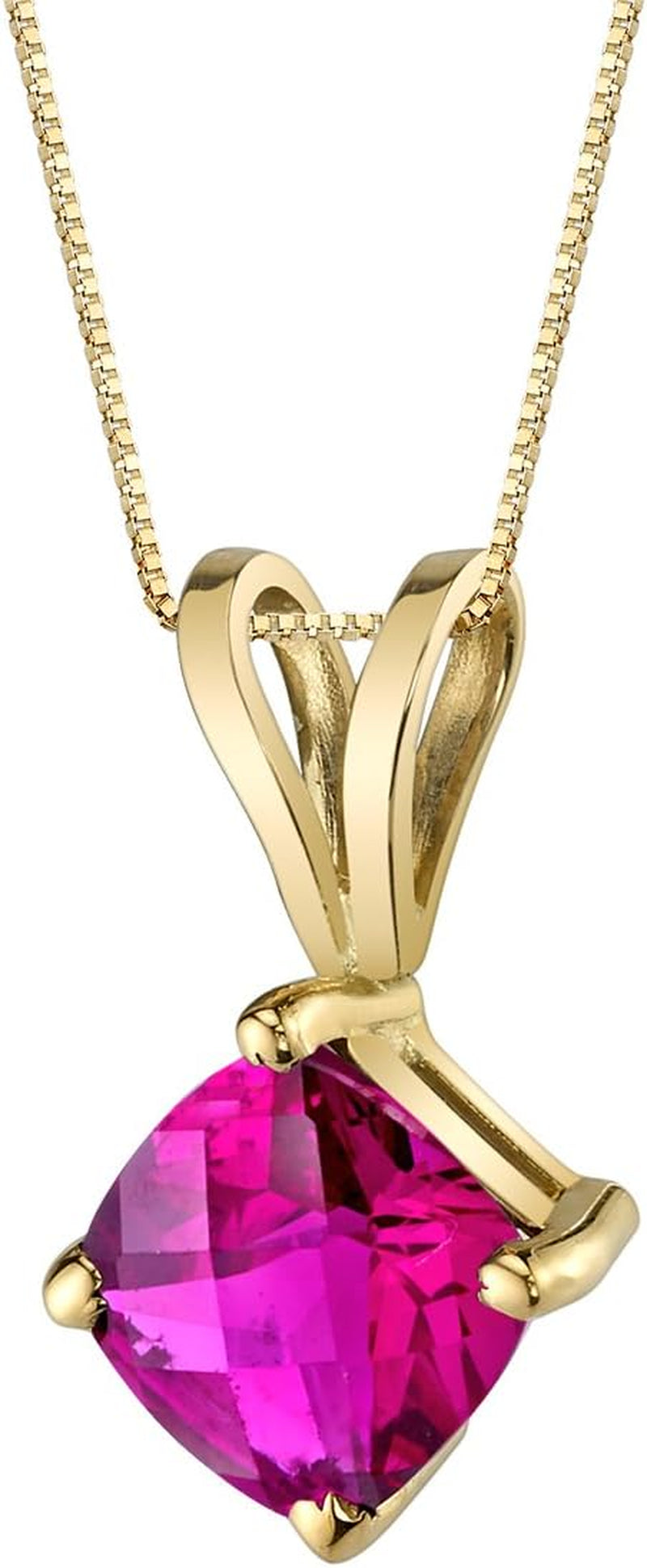 Solid 14K Yellow Gold Created Red Ruby Pendant for Women, Classic Solitaire, Cushion Cut, 6Mm, 1 Carat Total
