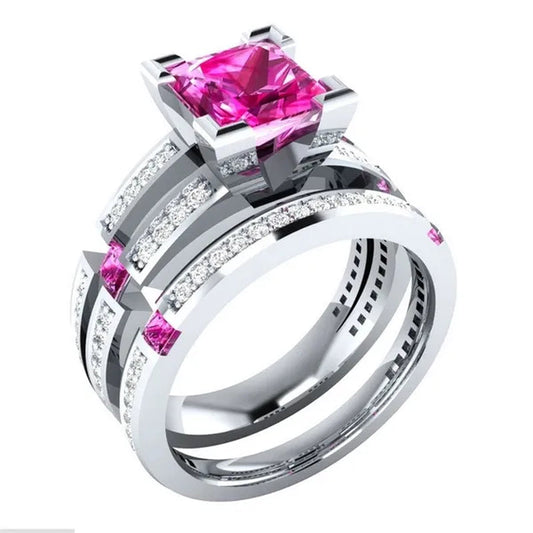 HOT 2 PC Silver Plated Pink Sapphire & Lab Diamond Wedding Ring US Size 6 7 8 9 10