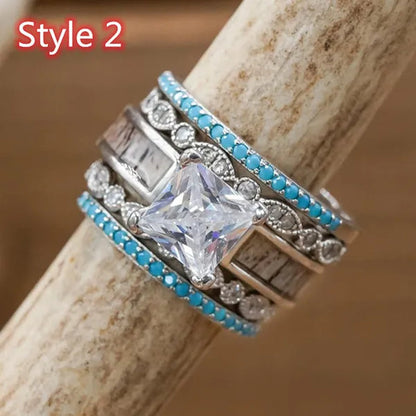 5Pcs/Set Exquisite Design Glamour Woman Fashion Jewelry Elegant Natural White Sapphire Diamond Turquoise Ring Wedding Engagement Anniversary Ring Size US4-11