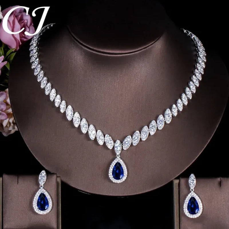 CANDICE Wedding Banquet Jewelry Sets for Brides Waterdrop Earrings Necklace Set Pear Cut Blue Zirconia Silver Plated