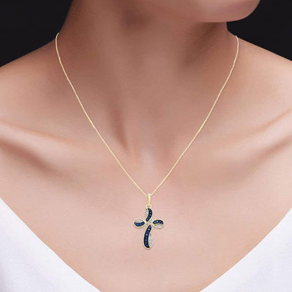 round Simulated Blue Sapphire & White Cubic Zirconia Cross Pendant Necklace in 14K Gold over Sterling Silver 18" Chain