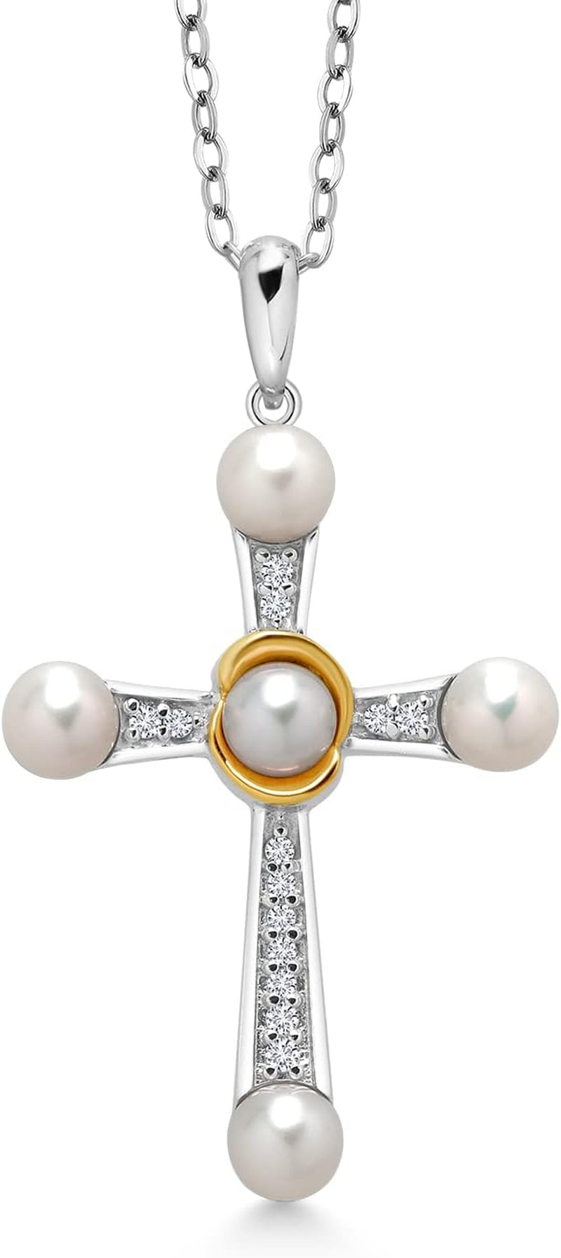 925 Silver and 10K Yellow Gold Cultured Freshwater Pearl and Lab Grown Diamond Cross Pendant Necklace for Women (0.10 Cttw, round 4-4.5MM Pearls, 18 Inch Chain)