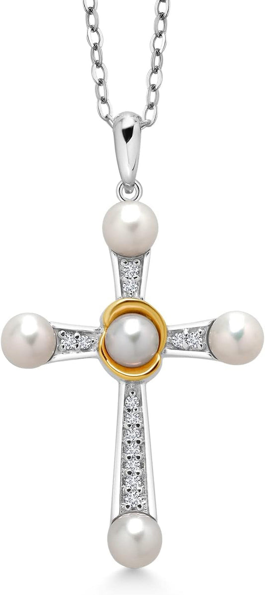 925 Silver and 10K Yellow Gold Cultured Freshwater Pearl and Lab Grown Diamond Cross Pendant Necklace for Women (0.10 Cttw, round 4-4.5MM Pearls, 18 Inch Chain)