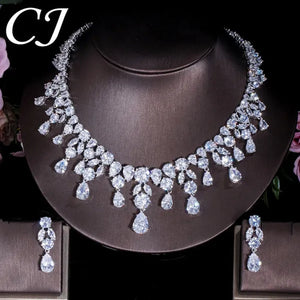 CANDICE Gorgeous Multi Cut CZ Stone Water Drop Tassel Necklace Earrings Set High Quality White Gold Plated Costume Jewelry Sets for Wedding Prom