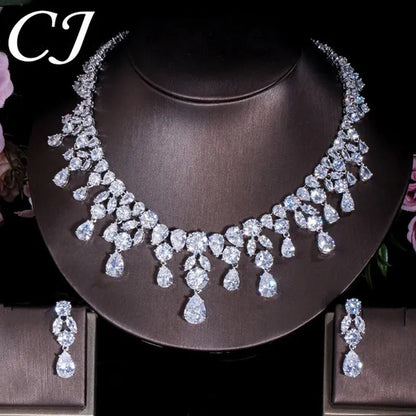 CANDICE Gorgeous Multi Cut CZ Stone Water Drop Tassel Necklace Earrings Set High Quality White Gold Plated Costume Jewelry Sets for Wedding Prom