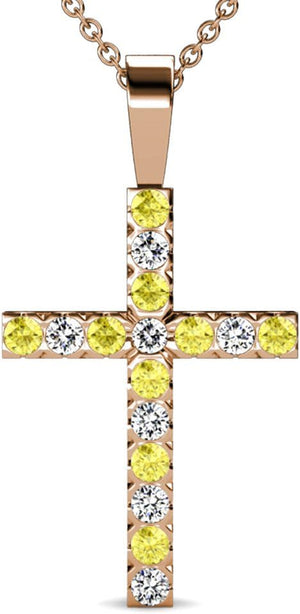 Yellow Sapphire & Natural Diamond (SI2-I1,G-H) Cross Pendant 0.53 Ctw 14K Gold. Included 16 Inches 14K Gold Chain.