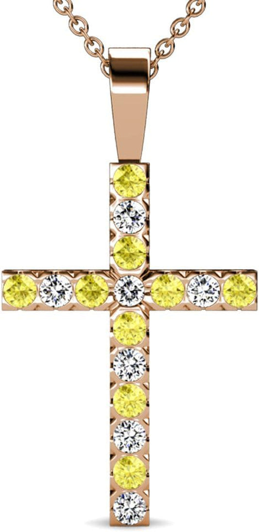 Yellow Sapphire & Natural Diamond (SI2-I1,G-H) Cross Pendant 0.53 Ctw 14K Gold. Included 16 Inches 14K Gold Chain.