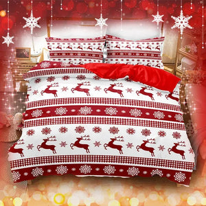 3Pcs/Set Christmas Duvet Cover Pillowcase Set,Christmas Holiday Decorative Comforter Cover Set Red with Christmas Reindeer and Snowflake Patterns Pillowcase (Quilt, pillow heart not included)
