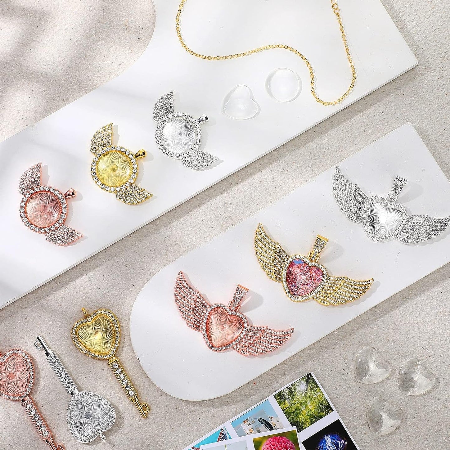 36 Pieces 25Mm Rhinestone Pendant Set, 12 Pieces 3 Shape Rhinestone Wing Bezel Pendant Tray 12 Piece Clear Glass Cabochons 12 Pieces Lobster Clasp Link Necklace Chain for DIY Jewelry Craft