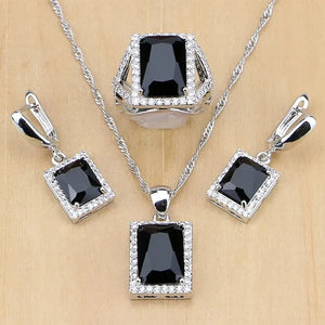Women 925 Sterling Silver Jewelry Black Sapphire White Birthstones Jewelry Set Wedding Earrings/Pendant/Necklace/Ring