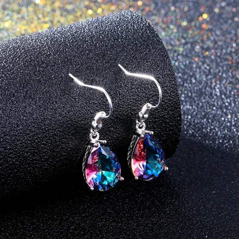 Fashion 925 Sterling Silver Mystic Rainbow Topaz Gemstone Hook Earrings Drop Earrings - WORLD TIME VISITS