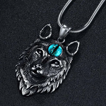 Stainless Steel Jewelry, Punk Devil Wolf, Ruby Sapphire Eye Pendant Necklace