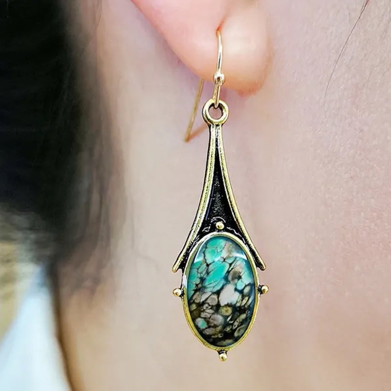 1 Pair Antique 925 Sterling Silver Pendant Earrings Natural Gemstone Inlay Dangle Earrings Bridal Engagement Wedding Anniversary Gift Bohemian Style Earrings