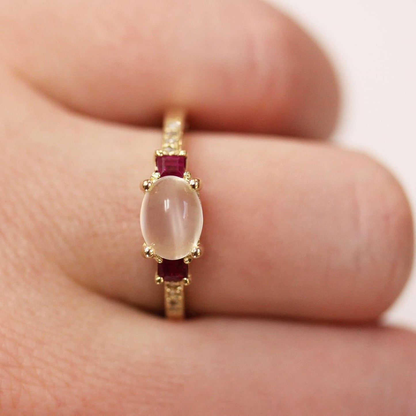 Solid 18K Yellow Gold 2.65 Ctw Natural Cabochon Moonstone, Red Ruby and Diamond 3 Stone Engagement Ring for Women 6 Mm - Handmade in USA - July Birthstone - Size 8.75 US