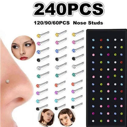 New Fashion Stainless Steel CZ Crystal Straight Shape Diamond Rhinestone Nose Ring Body Piercing Stud Jewelry Bone 20 Gauge for Women Girls 2 Types