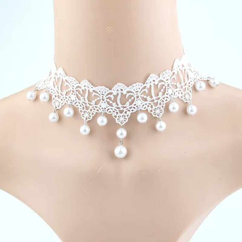 White Lace Necklace Chokers Black Collares Vintage Style Female Gothic Wedding Red Rose Crystal Diamond Pendant Collarbone Necklaces Chain Accessories for Women Girls - WORLD TIME VISITS