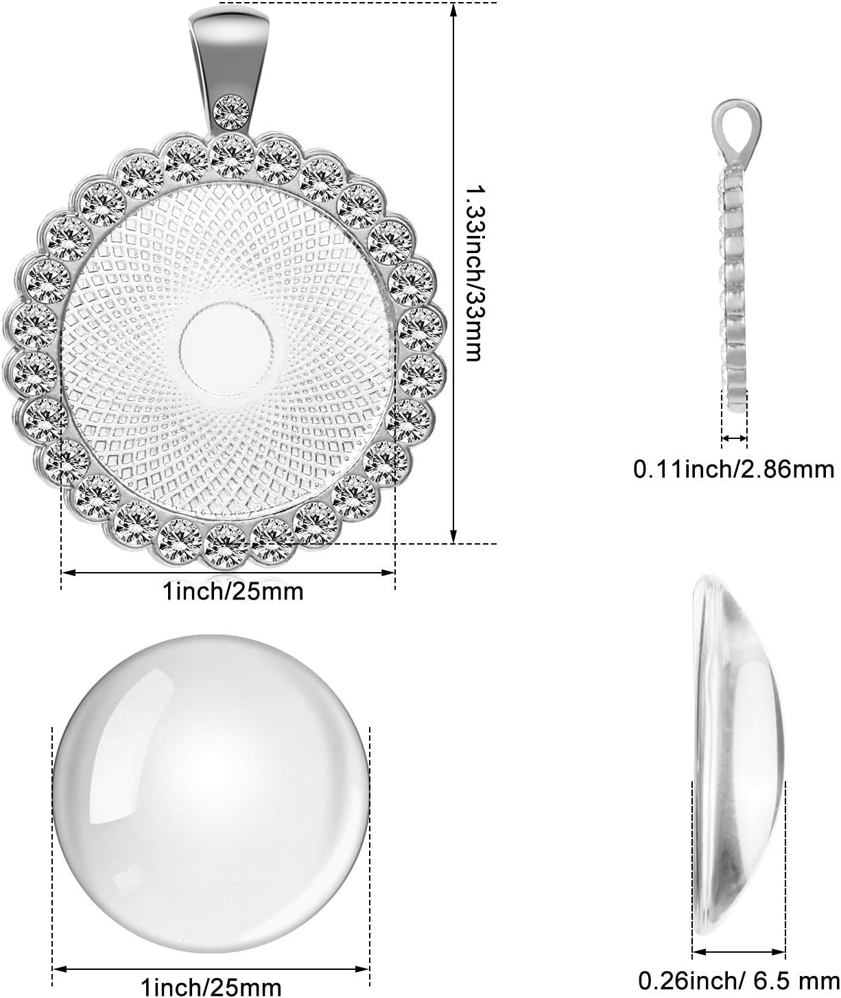 40 Pieces Rhinestone Bezel Pendant Trays Set, Include 20 Pieces round Bezel Trays Cabochon Pendant Setting with 20 Pieces Clear Glass Cabochons for Photo Pendant DIY Jewelry Craft Making