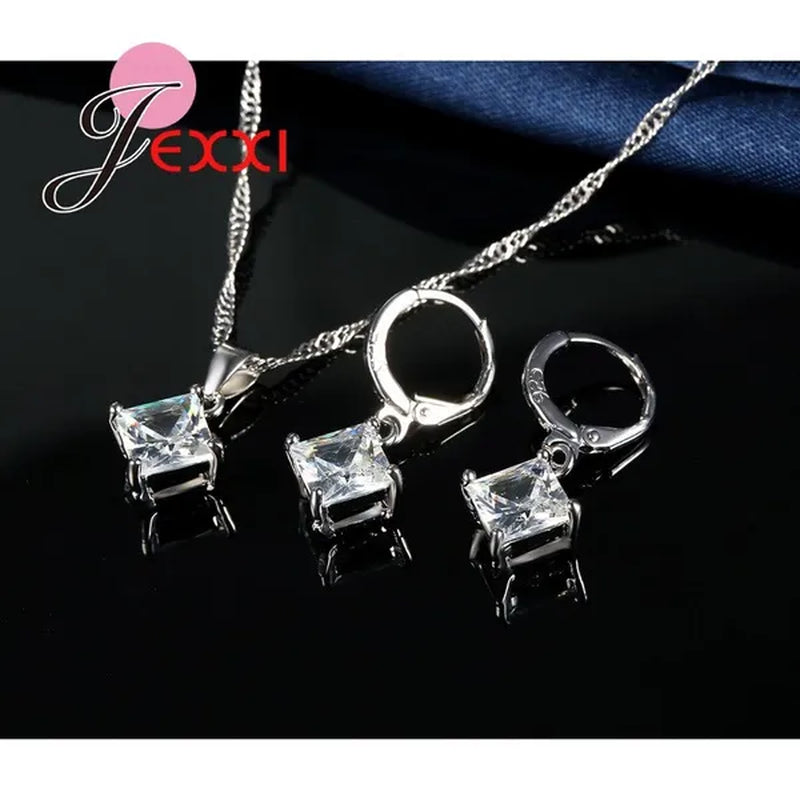 Elegant Wedding Bridal Jewelry Necklace Earring Ring Set for Women Fashion Silver Chain Crystal Pendant Birthday Gifts