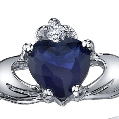 Women's Sterling Silver 925 Irish Claddagh Friendship Love Simulated Sapphire Blue Heart Cubic Zirconia Ring