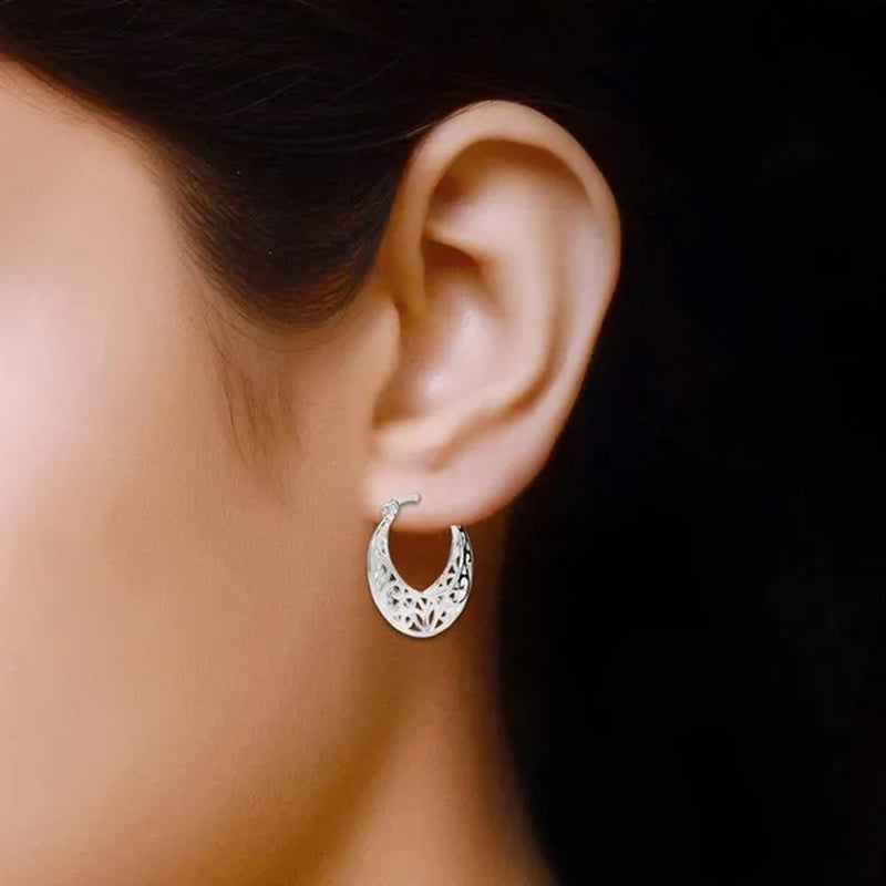 FASHION 925 Sterling Silver Jewelry Filigree Hoop Earrings for Women Charm Jewelry