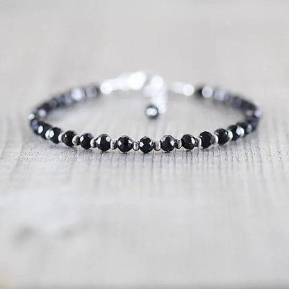 Black Spinel, Sterling & Karen Hill Tribe Silver Bracelet Boho Beaded Gemstone Bracelet Dainty Stacking Bracelet - WORLD TIME VISITS