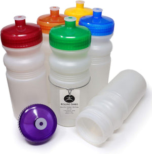 20 Ounce Sports Water Bottles 6 Pack, Bpa-Free, Made in USA, Dishwasher Safe, Clear Frost Bottles/Rainbow Lids