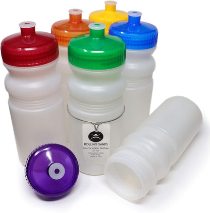 20 Ounce Sports Water Bottles 6 Pack, Bpa-Free, Made in USA, Dishwasher Safe, Clear Frost Bottles/Rainbow Lids