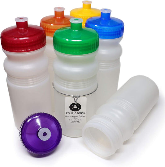 20 Ounce Sports Water Bottles 6 Pack, Bpa-Free, Made in USA, Dishwasher Safe, Clear Frost Bottles/Rainbow Lids