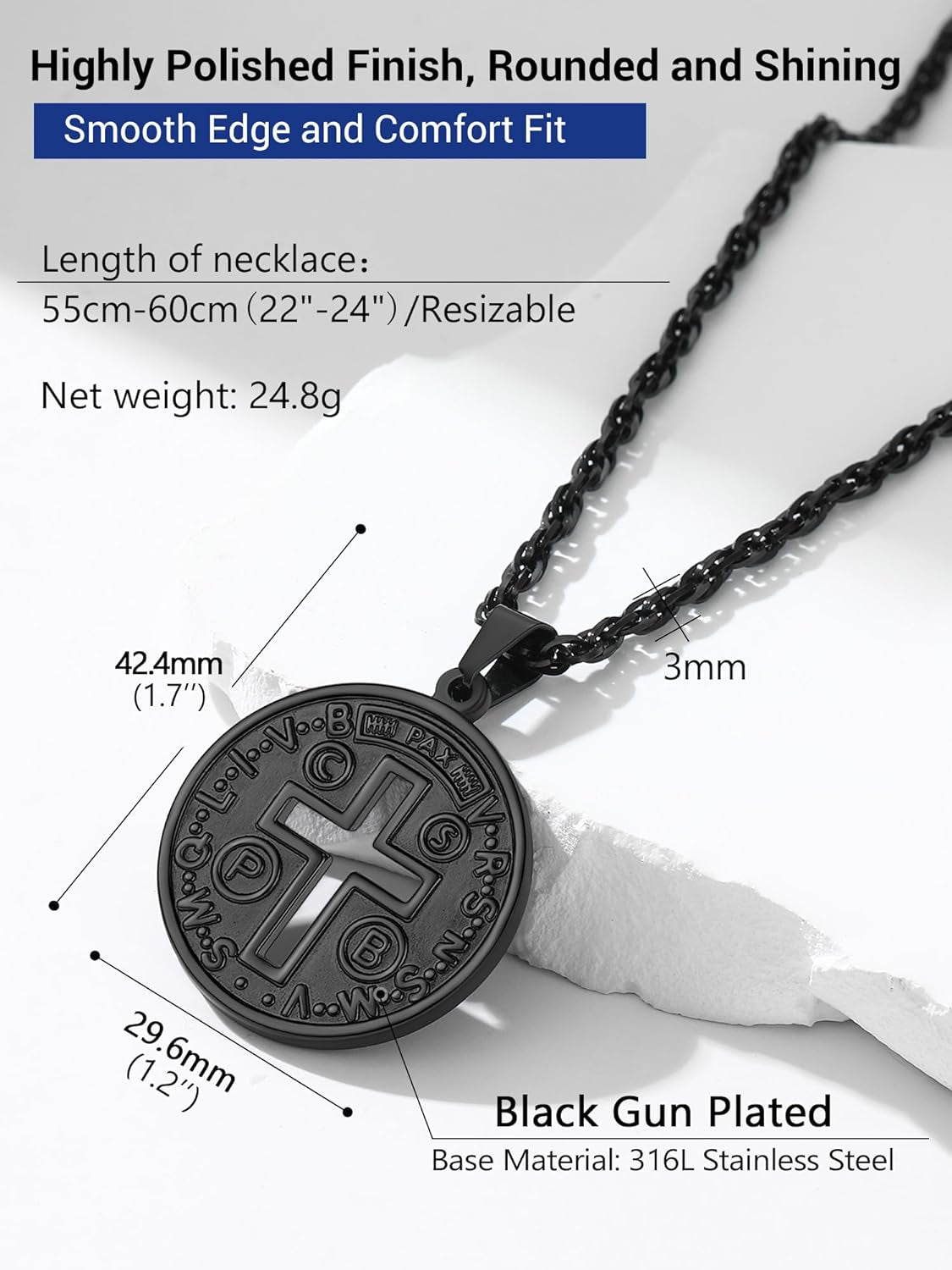 Stainless Steel Saint Benedict Medal Necklace, Protection Jewelry for Men Women, 18K Real Gold Plated, 22Inch-24Inch Adjustable, Come Gift Box