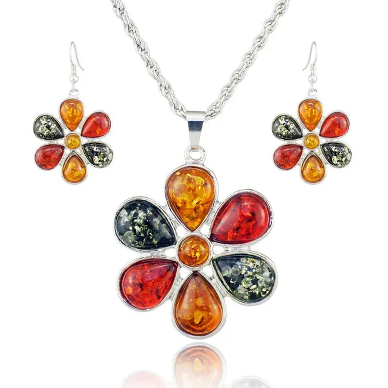 Colorful Baltic Amber Honey Flower Earrings 18k Platinum Plated Necklace Women's Wedding Jewelry Set