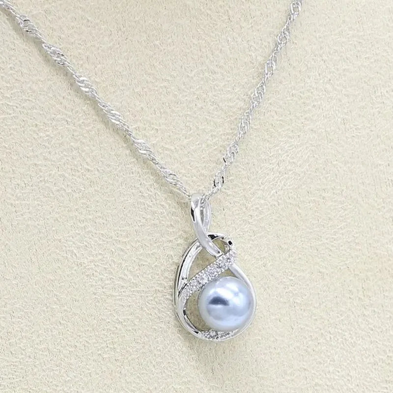 1/4Pcs Women Wedding Jewelry Set Gray Pearl Silver Color Bracelet Earring Necklace Pendant Ring Birthday Gift